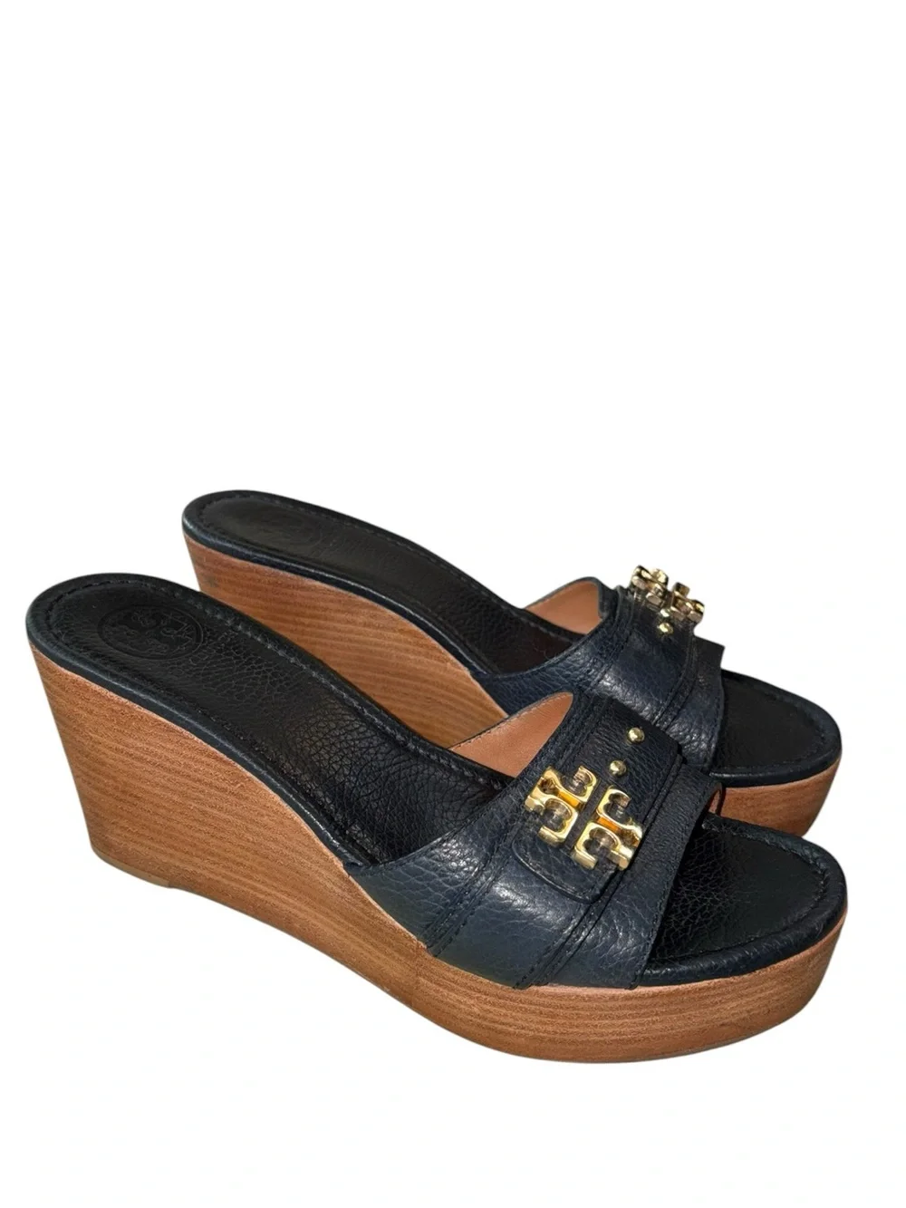 Tory Burch Elina Black Leather Gold Logo Plstform Wedge Sandals - 8.5